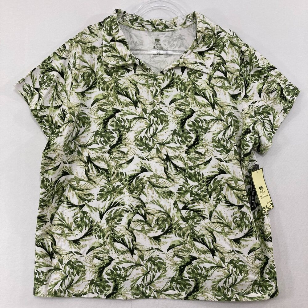 New Palm‎ Harbour Top size 3X Green Leaf Print Abstract Short Sleeve Stretch